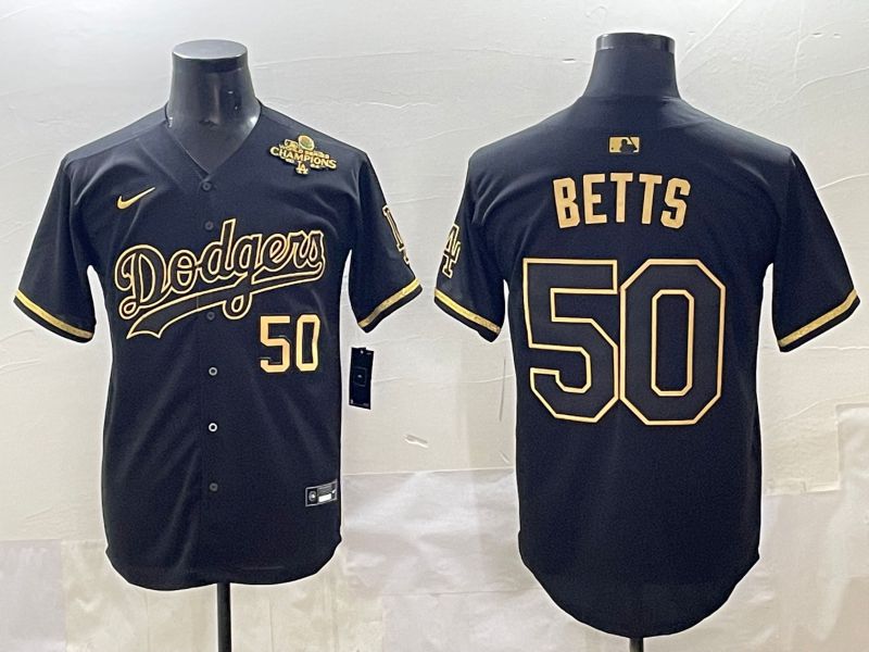 Men 2025 Los Angeles Dodgers #50 Betts Black Gold Five generations Nike MLB Jersey style 4